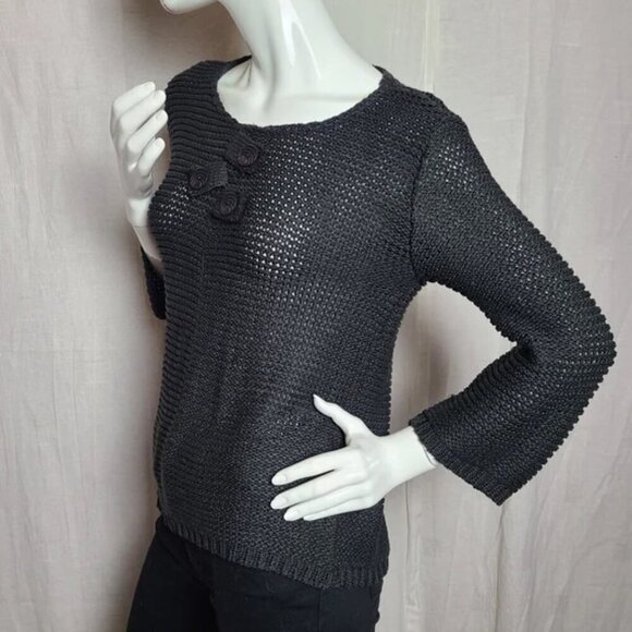 BELAMIE Black Lagenlook Crew Neck Sweater Decorative Wood Buttons Boho Women's L - Picture 7 of 9